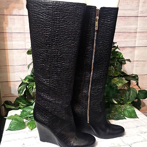 Tory Burch GUC Black Dabney Croc TexturedPebbled Embossed Knee-High B…